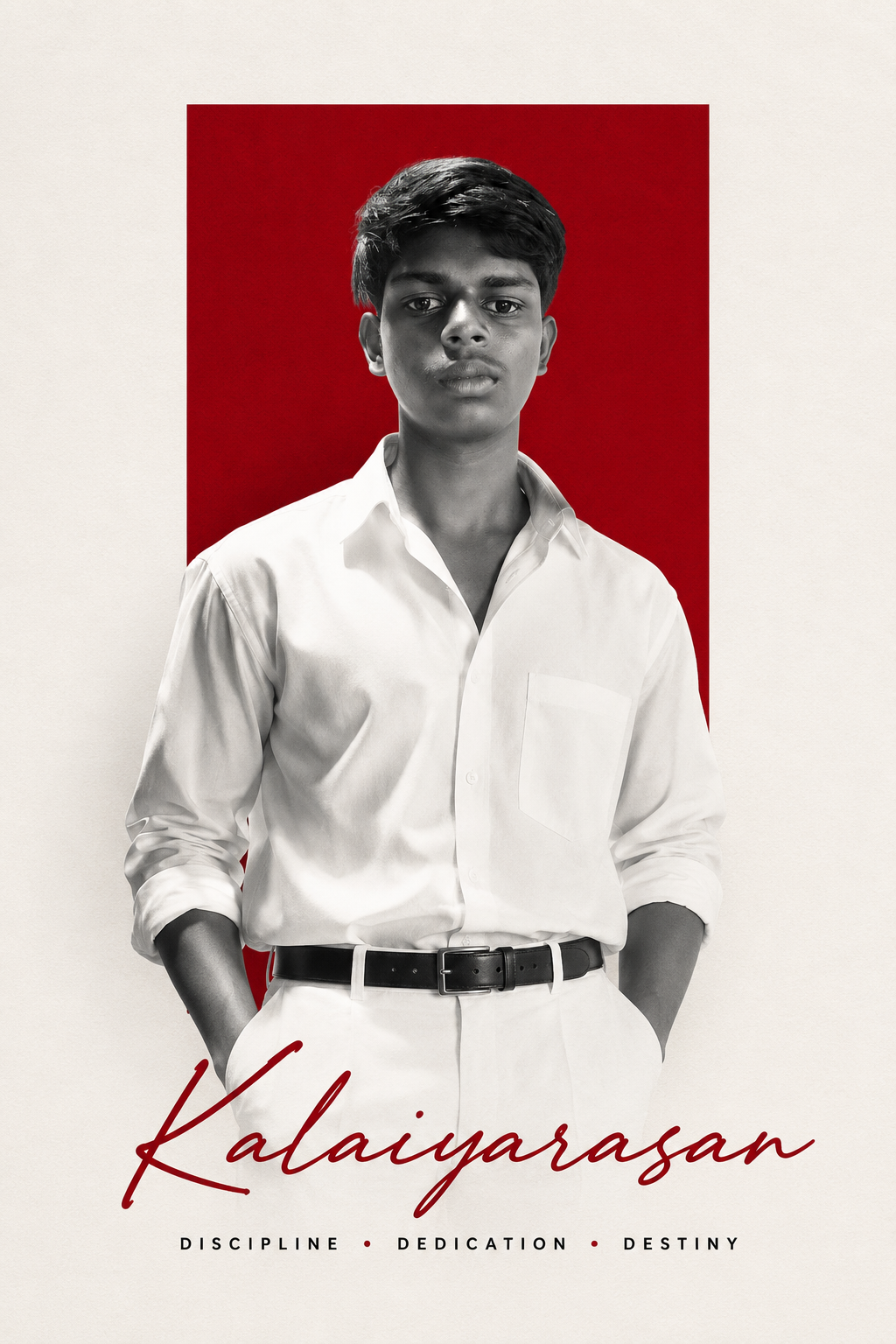 Kalaiyarasan K poster portrait — Discipline, Dedication, Destiny